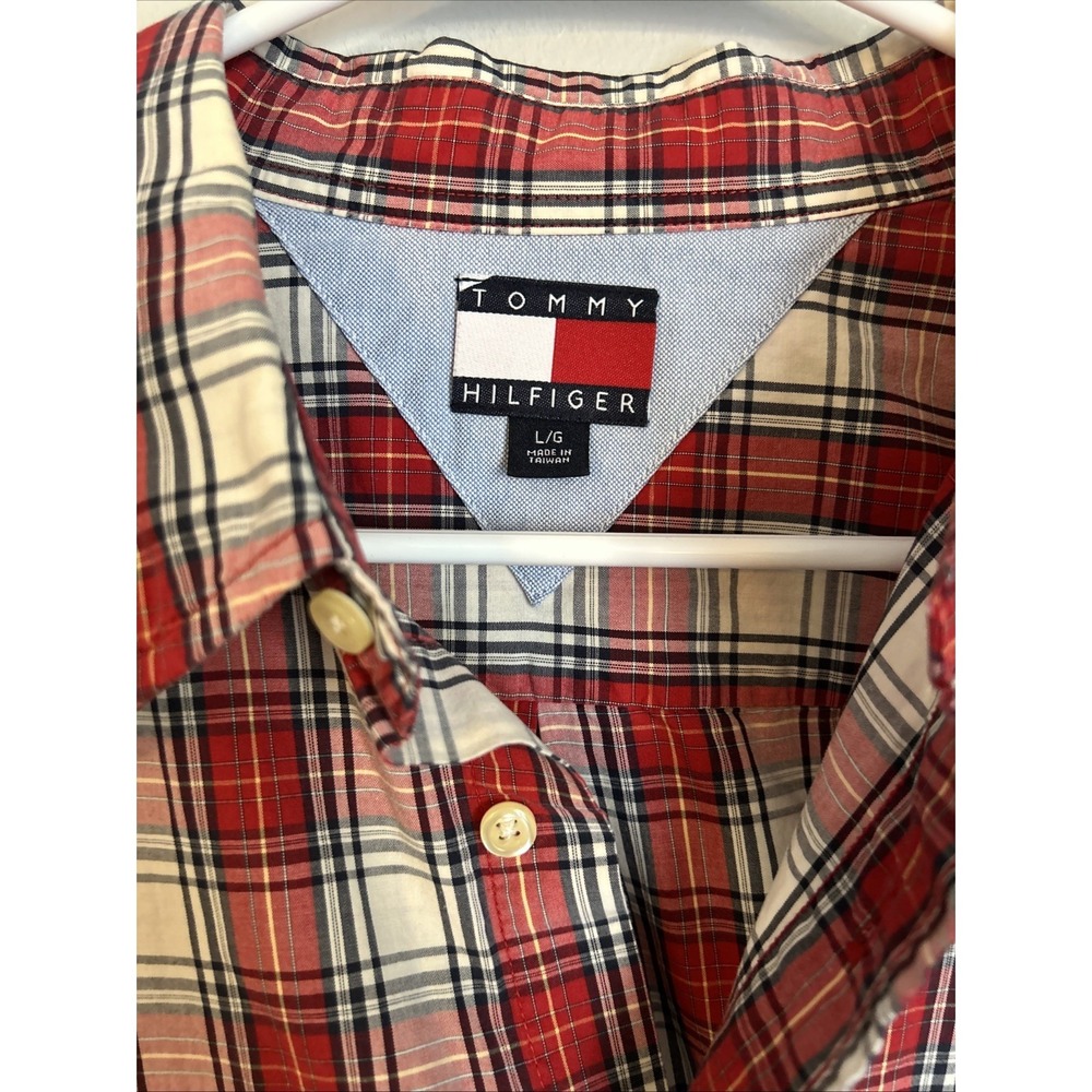 Tommy Hilfiger Shirt Mens L Plaid Short Sleeve Button Down Casual 100% Cotton